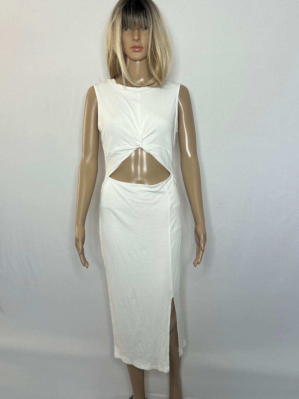 OTEN White Ribbed Twist Front Cutout Midi Dress Women’s Size L Sleeveless